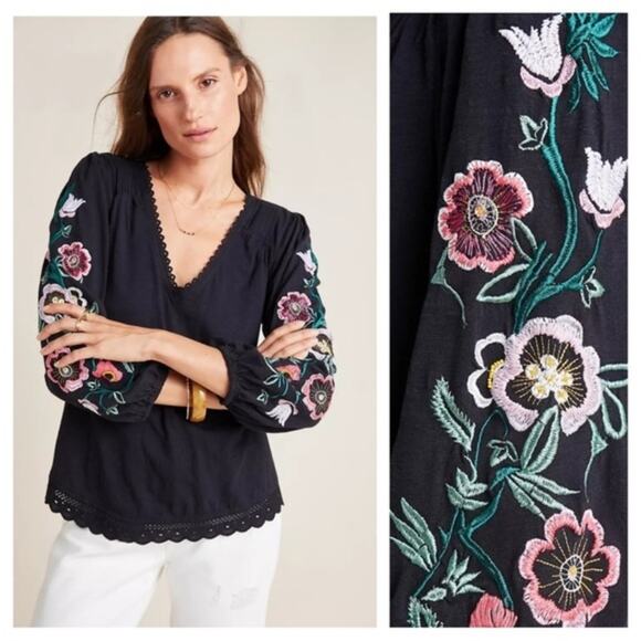 Anthropologie Boho Floral Helene Embroidered V-Neck Peasant Blouse Size XS - Picture 1 of 12